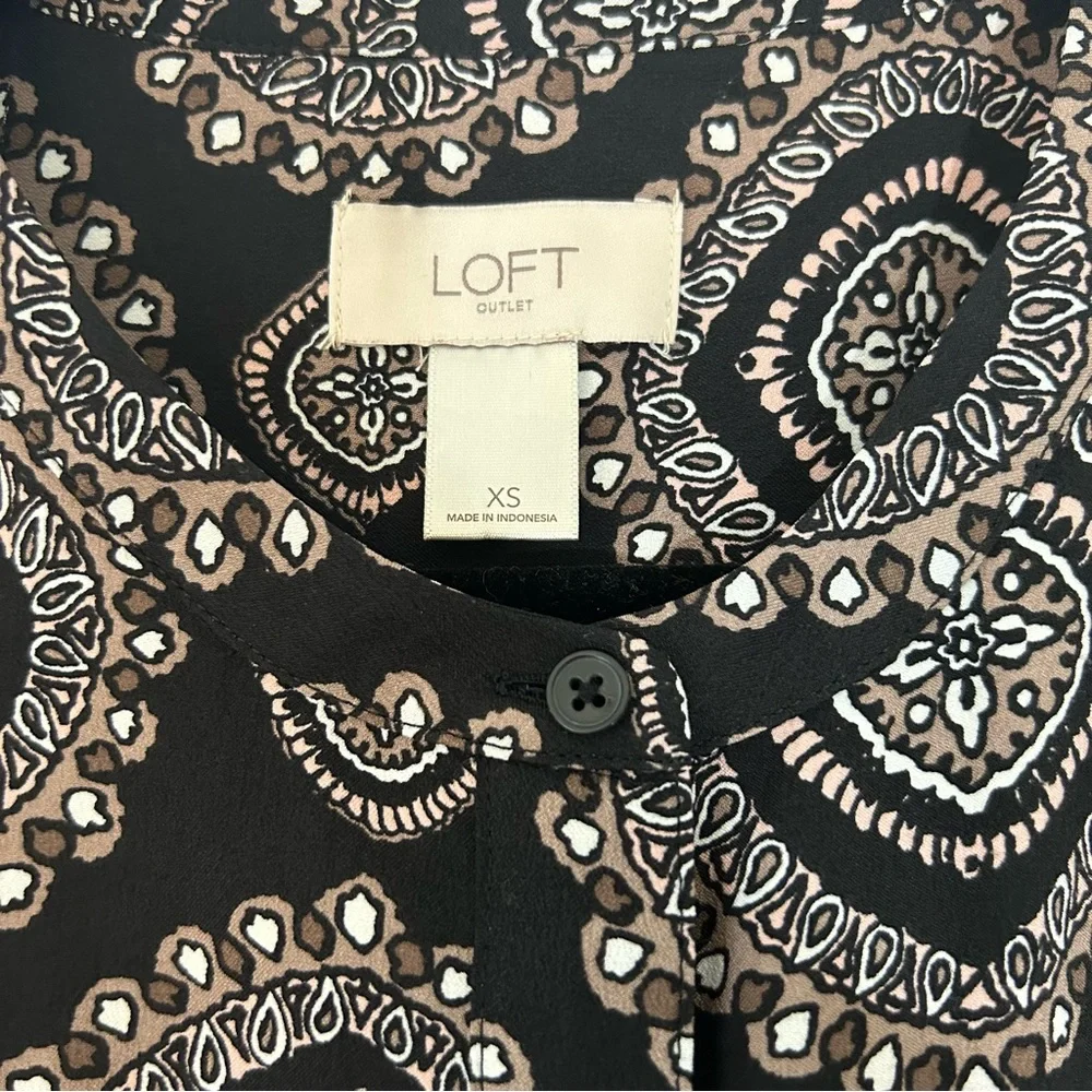 LOFT Dress Mini Long Sleeve Black Brown Paisley Shift Drop Waist XS - Picture 4 of 6